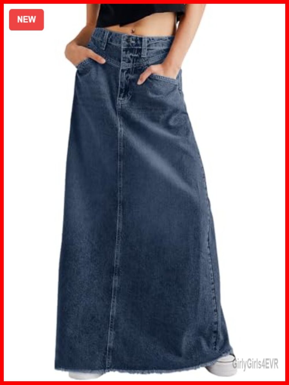 Vintage Denim Maxi Skirt Frayed Raw Hem High Waist A-Line Long Jean Skirt